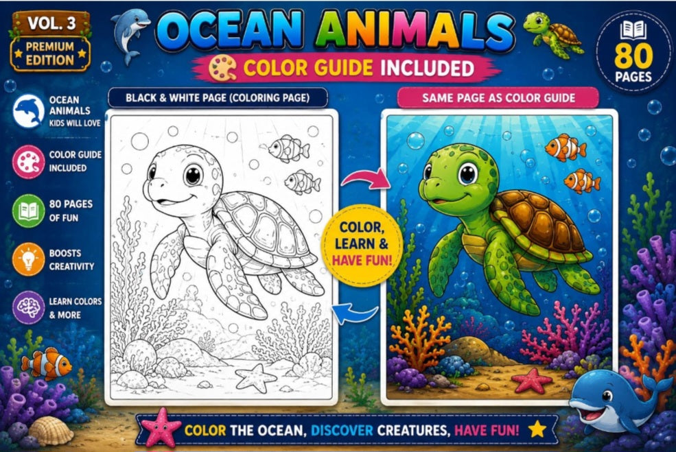 Ocean Animals Coloring Book Vol. 3 Premium | Ages 4–8 | 40 Coloring Pages + 40 Color Guides | Instant Download PDF