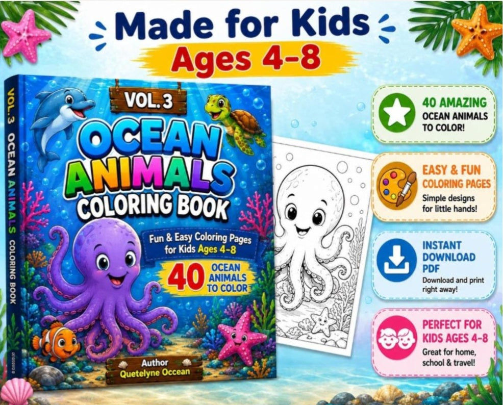 Ocean Animals Coloring Book for Kids Ages 4-8 | 40 Printable Coloring Pages | Instant Download PDF | Sea Life Activity Book
