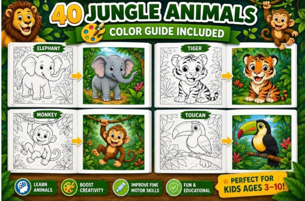 Premium Animal Coloring Book Bundle for Kids Ages 3-10 | 240 Total Pages | Jungle, Wild & Ocean Animals | Coloring Pages + Color Guides