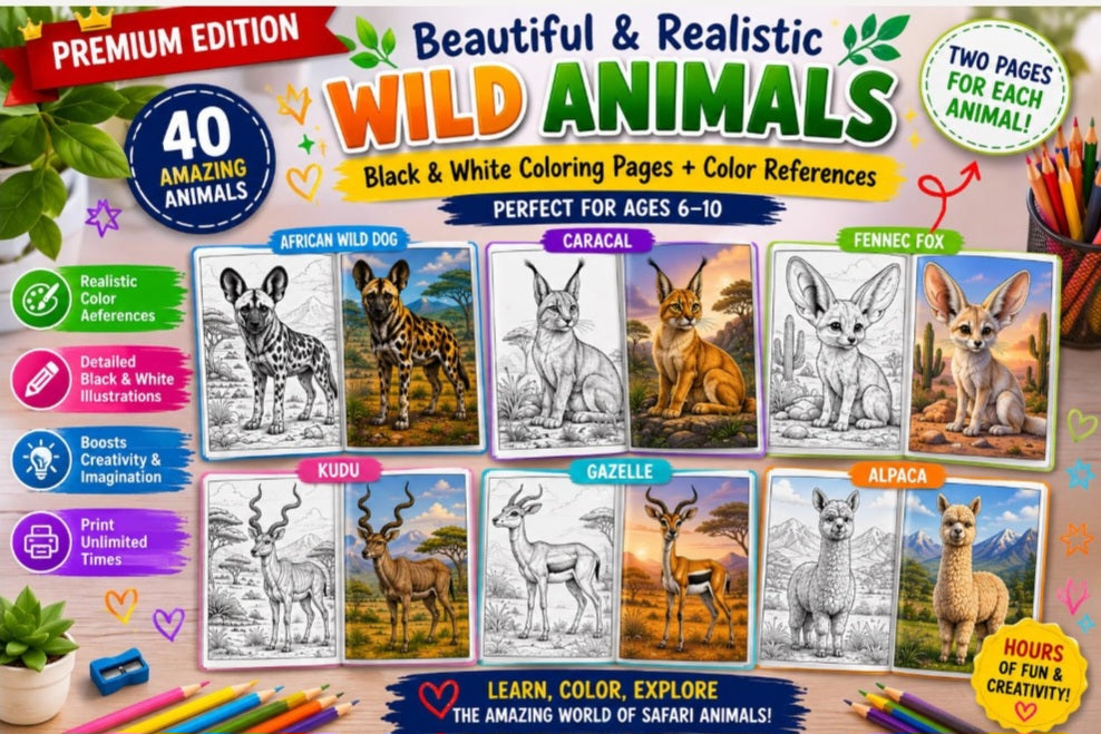 Wild Animals Coloring Book for Kids Ages 6–10 | Premium Edition | 40 Coloring Pages & 40 Color Reference Pages | Printable PDF Activity Book