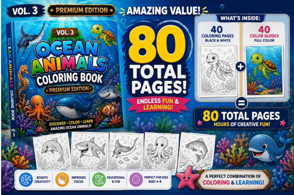 Ocean Animals Coloring Book Vol. 3 Premium | Ages 4–8 | 40 Coloring Pages + 40 Color Guides | Instant Download PDF