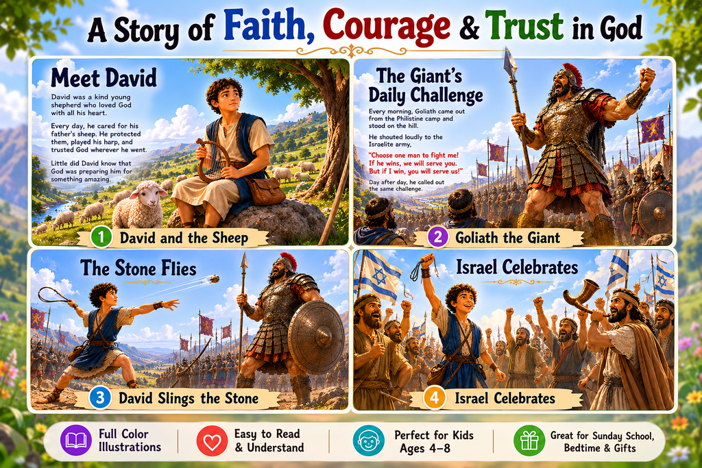 David and Goliath Bible Story Book for Kids | Christian Picture Book Ages 4-8 | Full Color Bedtime Story | Sunday School Gift